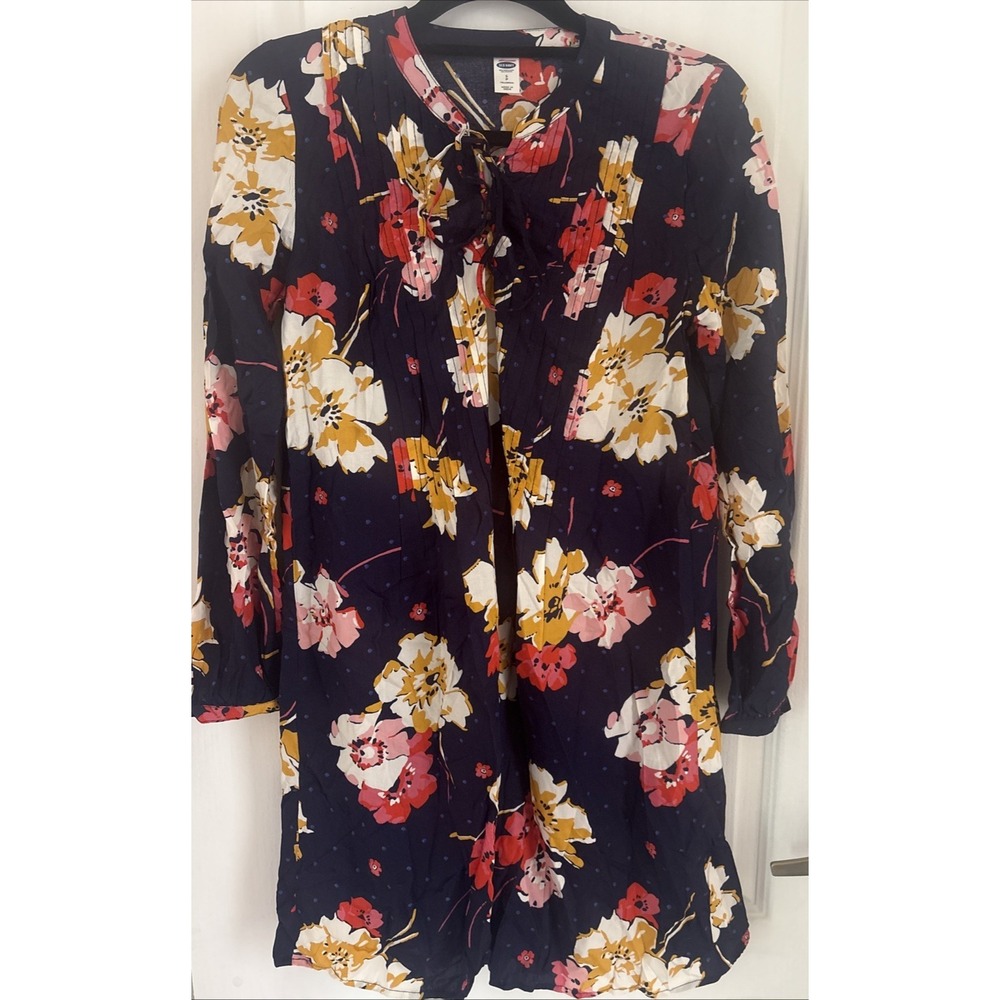 Old Navy Dress Navy Floral Pintuck Lace Up Long Sleeve Babydoll Cottagecore Sz S